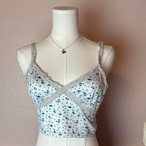 Women's floral babydoll cami lace crop sz small white blue cottagecore